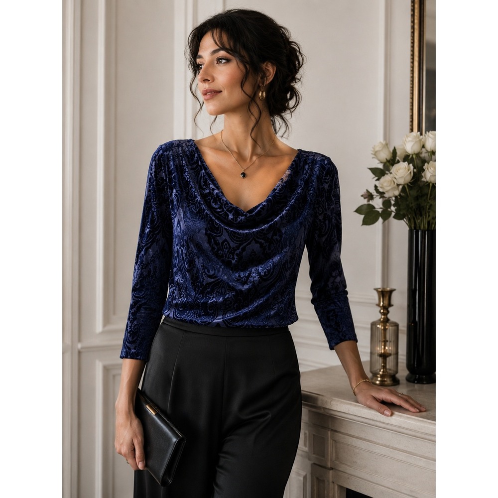 GNW Women Purple Damask Burnout Velvet Cowl Neck 3/4 Sleeve Blouse Large